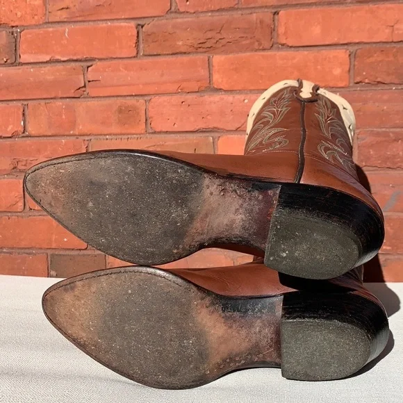 LARRY MAHAN Vintage Star Inlay Tall Mid-Calf Brown Leather Cowgirl Western Boots - Picture 9 of 13